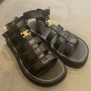 Black Leather Sandals with Gold Logo